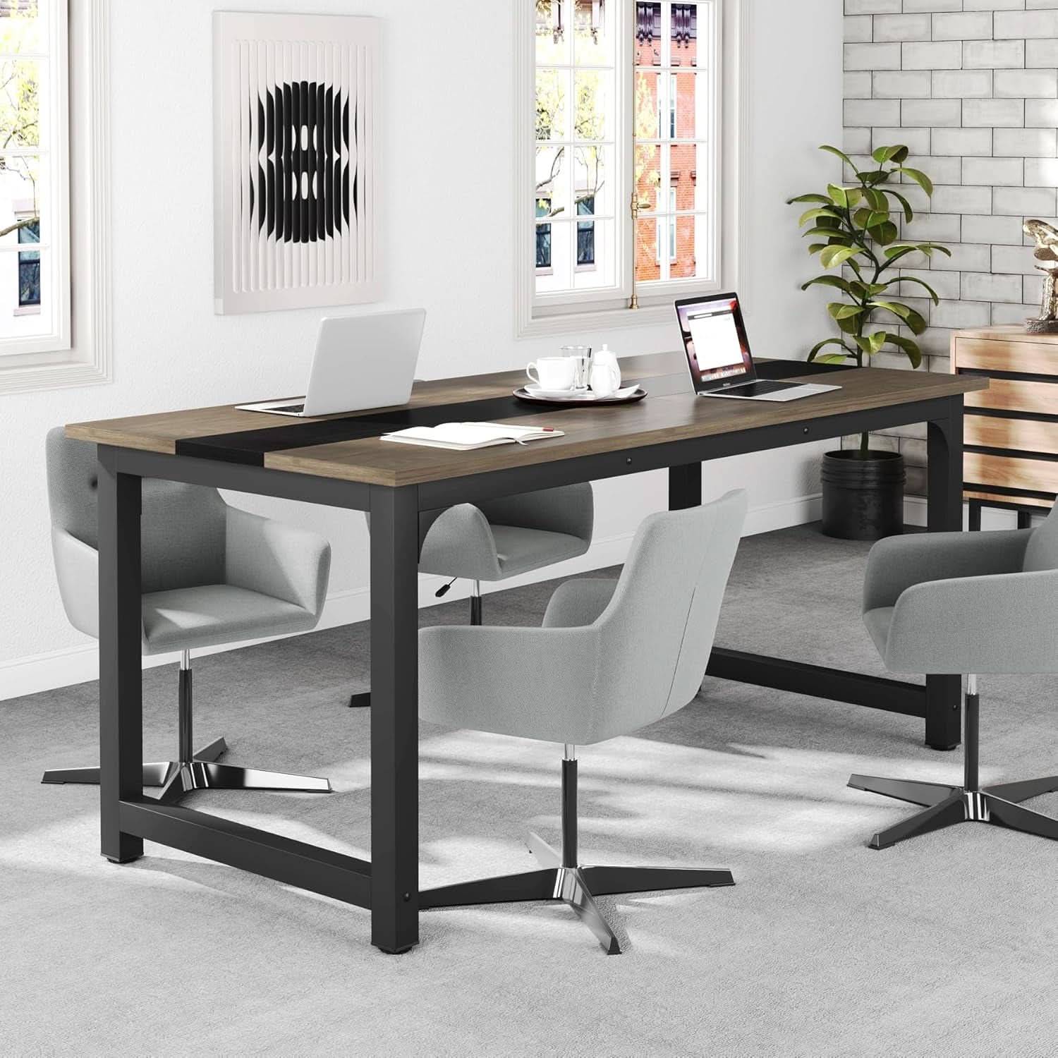70.8 Inch Executive Desk Vintage Grey Black Large Office Computer Desk