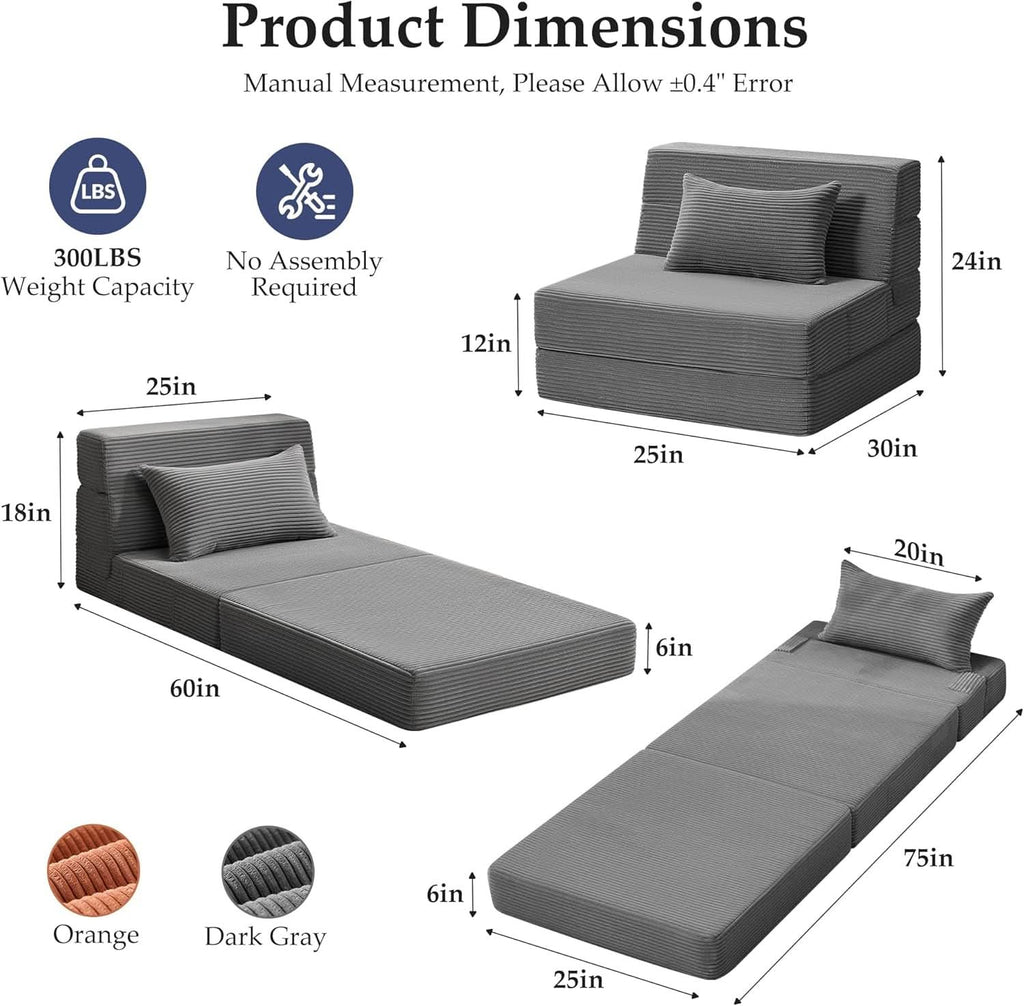 Dark Gray 4In1 Folding Memory Foam SofaBed Washable Cover