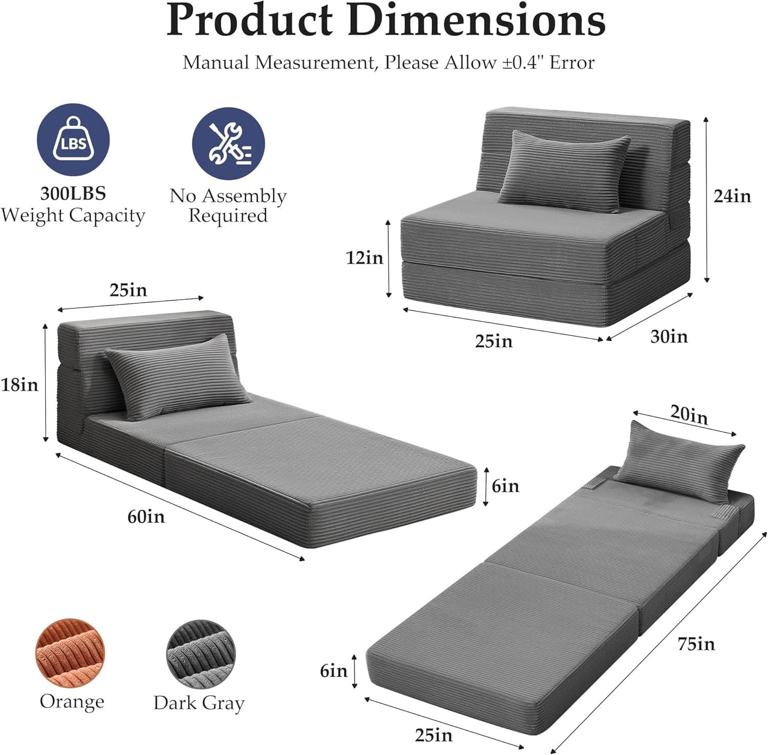 Dark Gray 4In1 Folding Memory Foam SofaBed Washable Cover