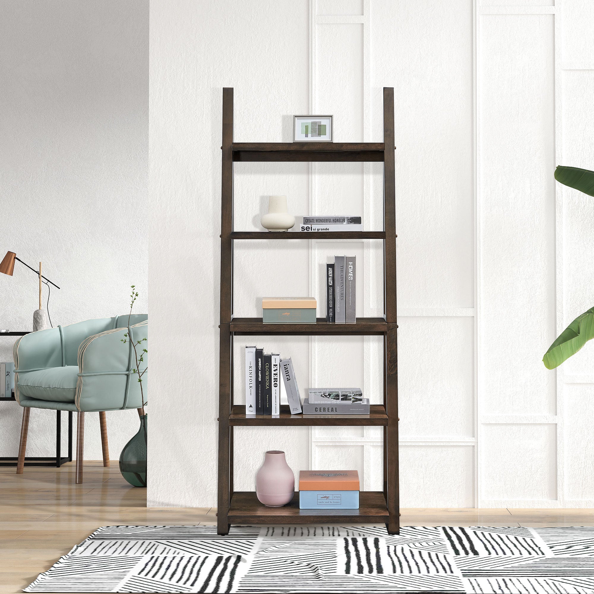 5-Tier Rubber Wood Bookshelf Ladder Storage Rack