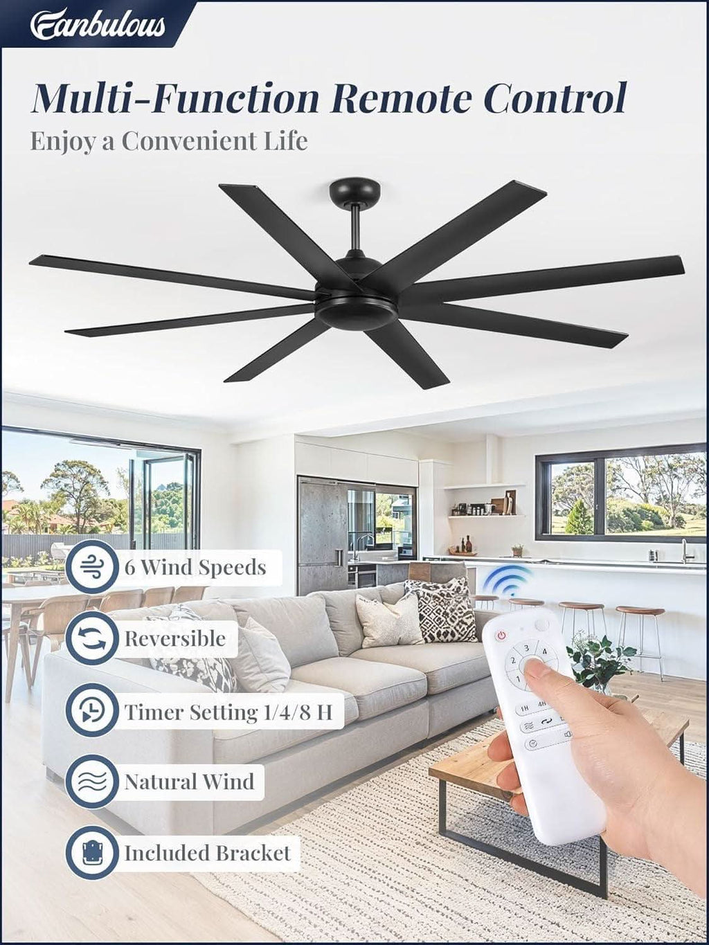 72 Inch Black Ceiling Fan With Remote DC Motor For Indoor Outdoor