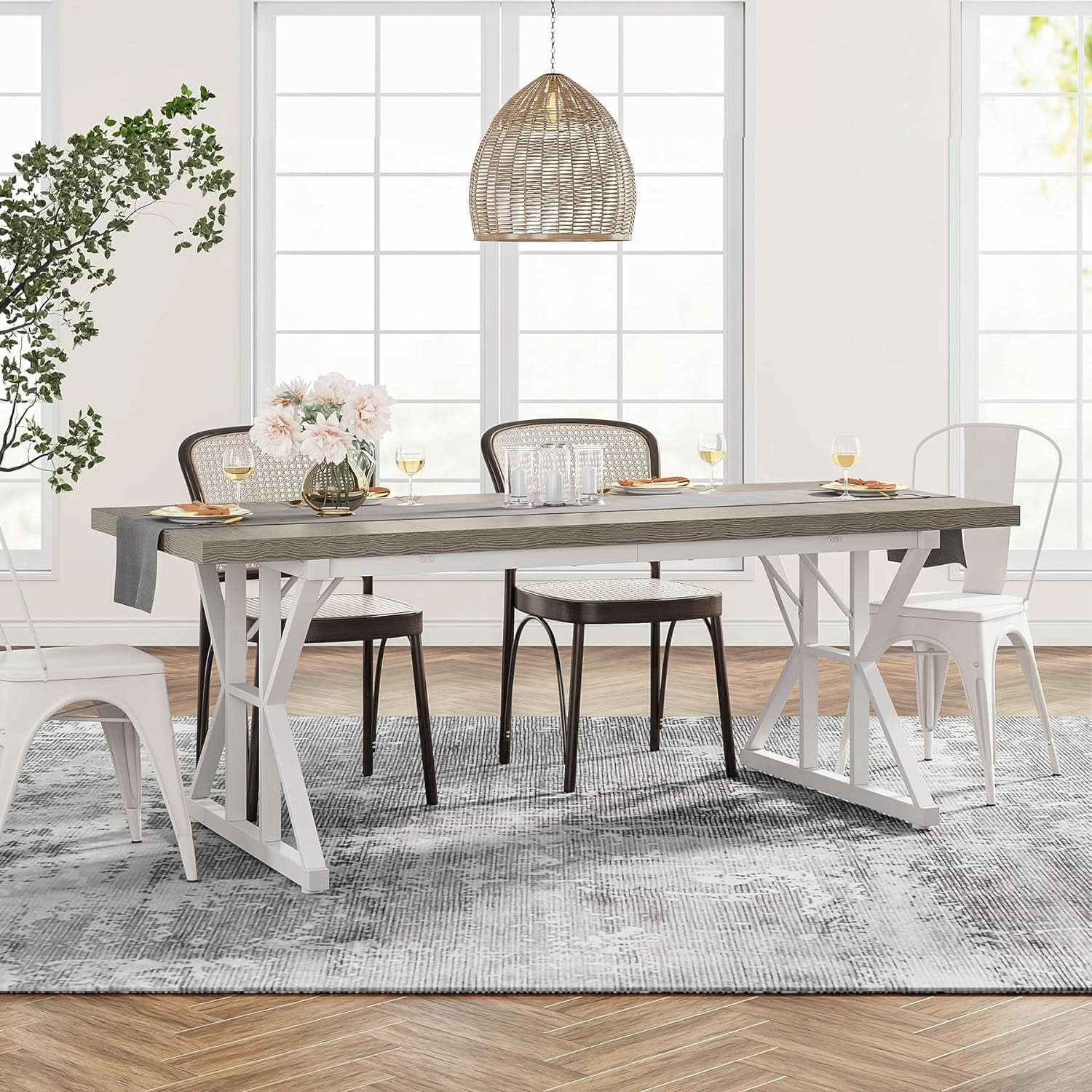 Farmhouse 6 Person Dining Table 70.8 Inch Grey Wood Table
