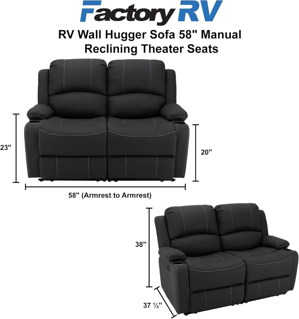 58 Inch Wall Hugger RV Theater Seats Double Recliner Black