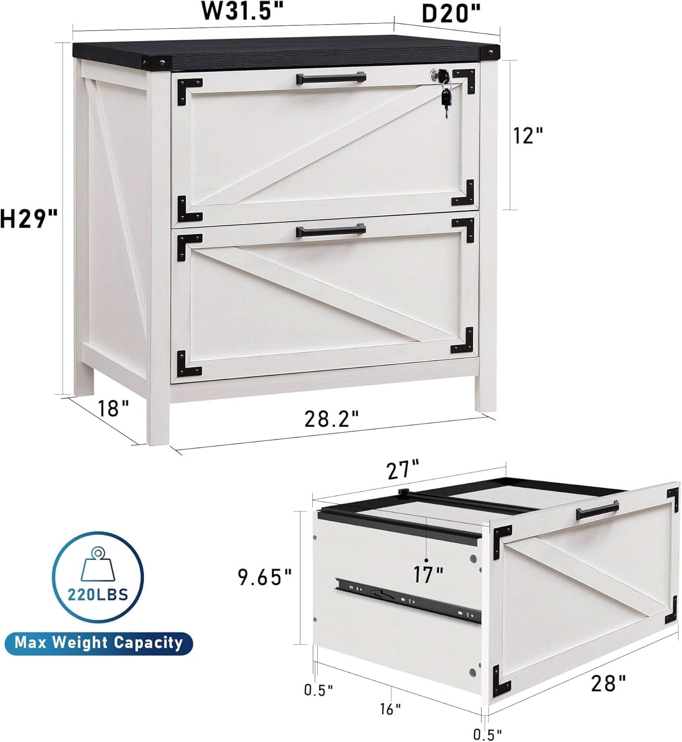 White Farmhouse Lateral File Cabinet With 2 Drawers