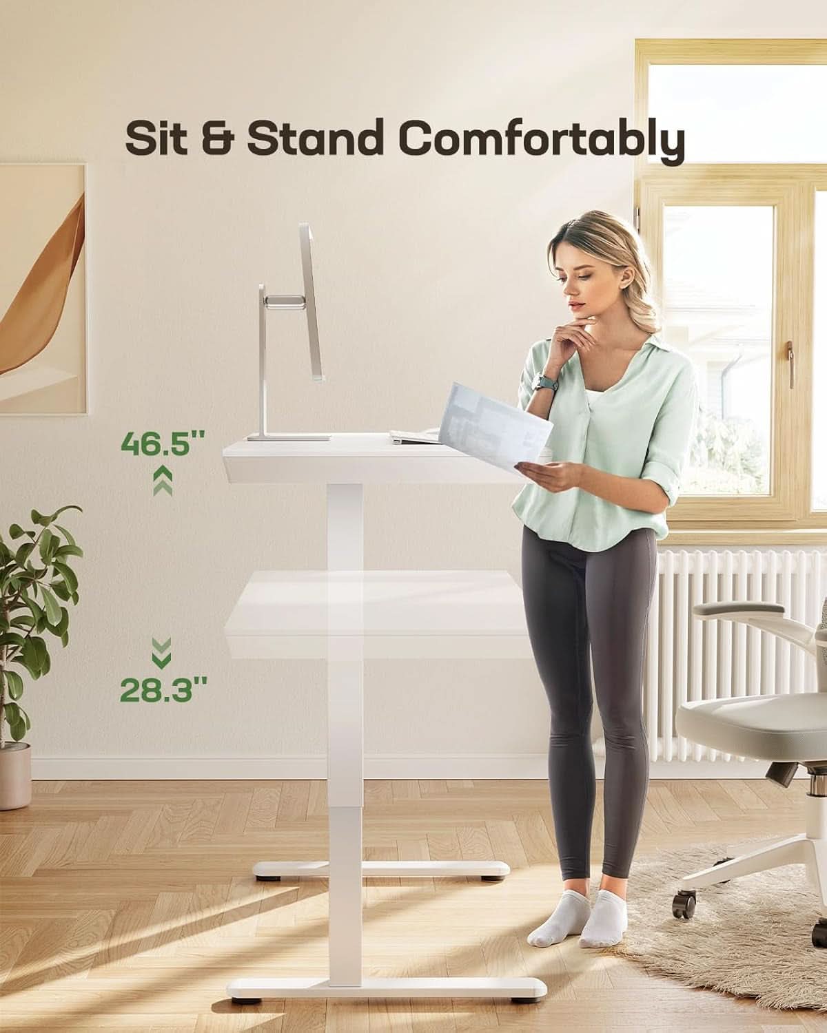 Height Adjustable Standing Desk 48x24 Inch With USB Ports And Drawer White