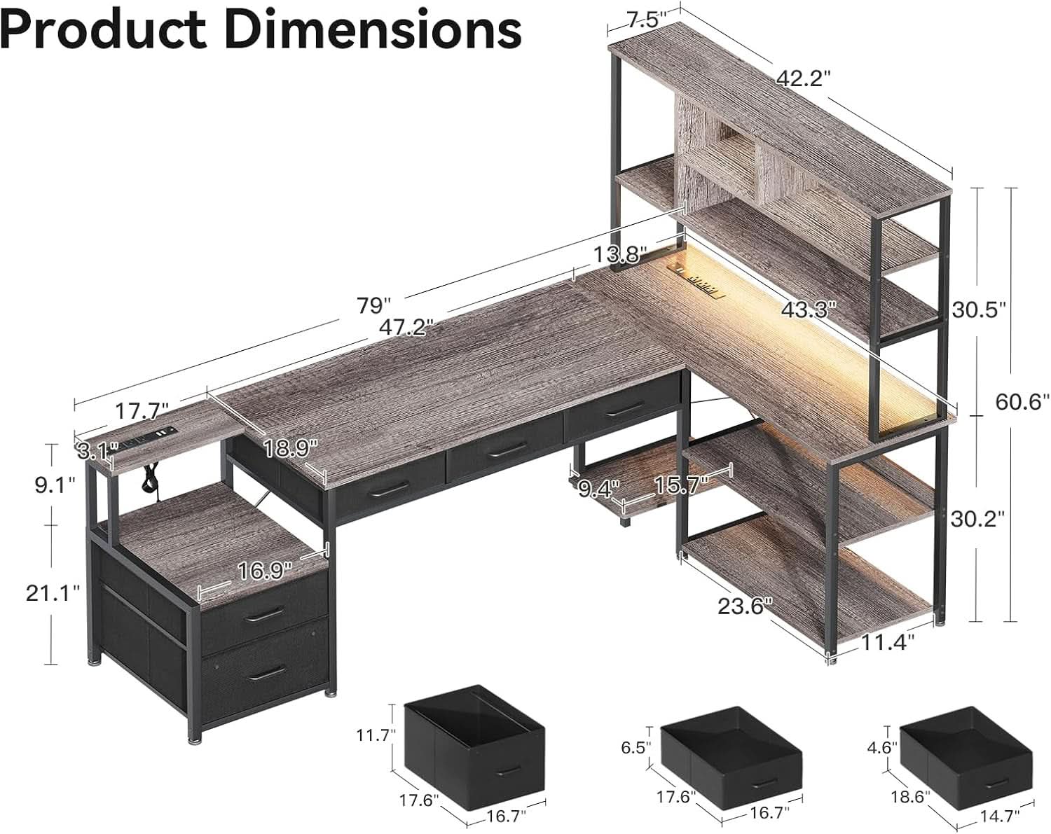 79 Inch L Shaped Desk With LED Lights Power Outlets