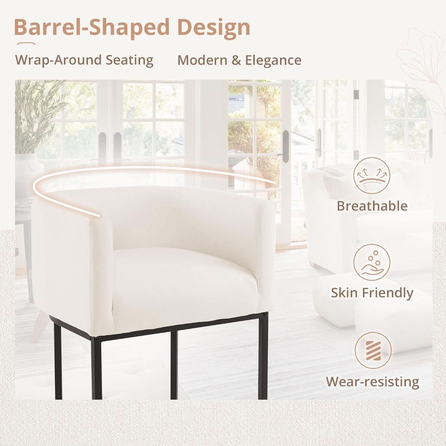 27 Inch Counter Height Bar Stools Set Of 2 With Backrest And Armrests Beige Linen Upholstery Black Metal Frames