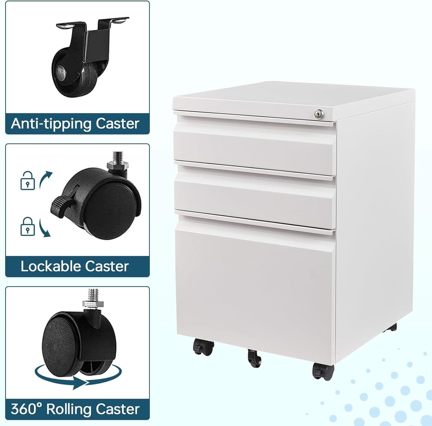 White 3 Drawer Filing Cabinet On Wheels With Lock For Home Office