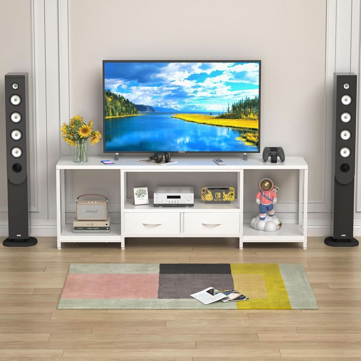 TV Stand For 55 To 65 Inch TV With Fabric Drawers Sturdy