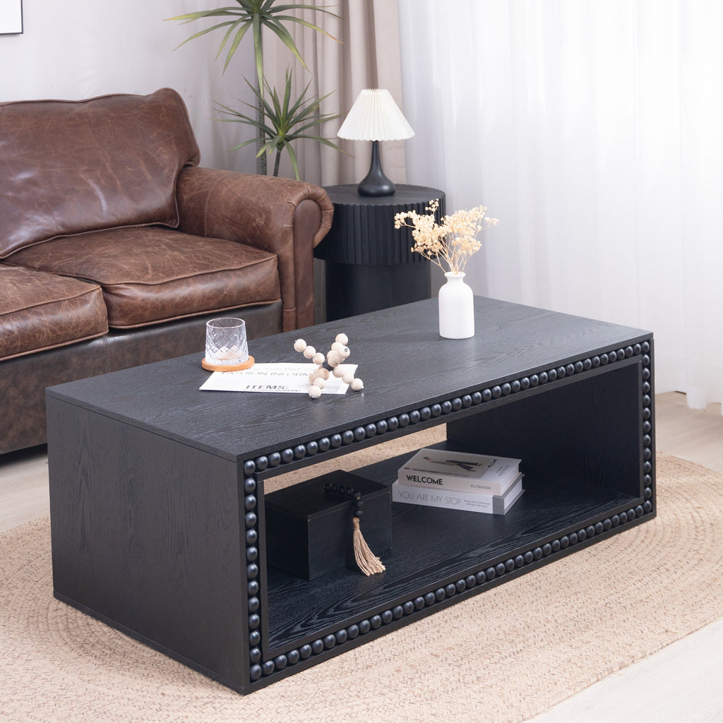 Black Beaded Edge Coffee Table – 47.6' Rectangular Center Table with Open Storage Shelf