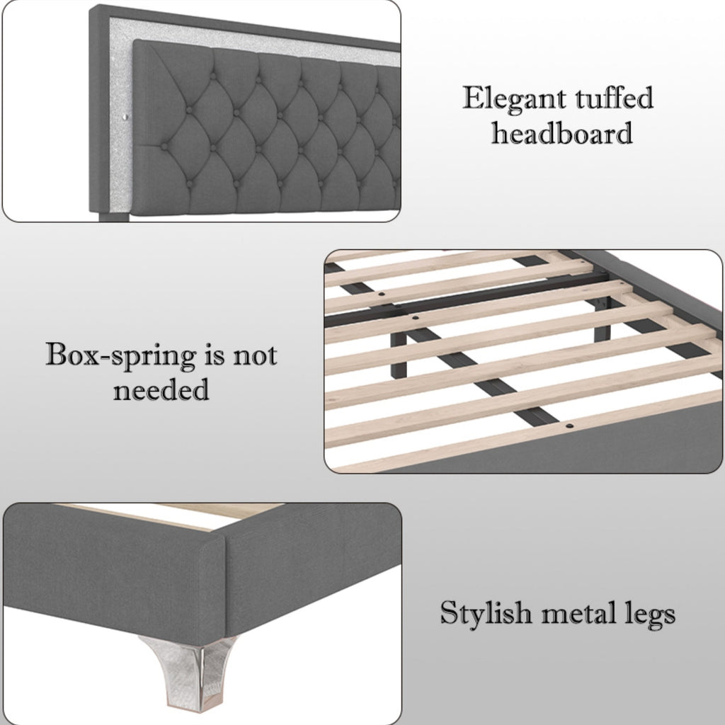 3-Pieces Bedroom Set, Queen Size Upholstered Platform Bed with LED Lights and Two Nightstands - Gray