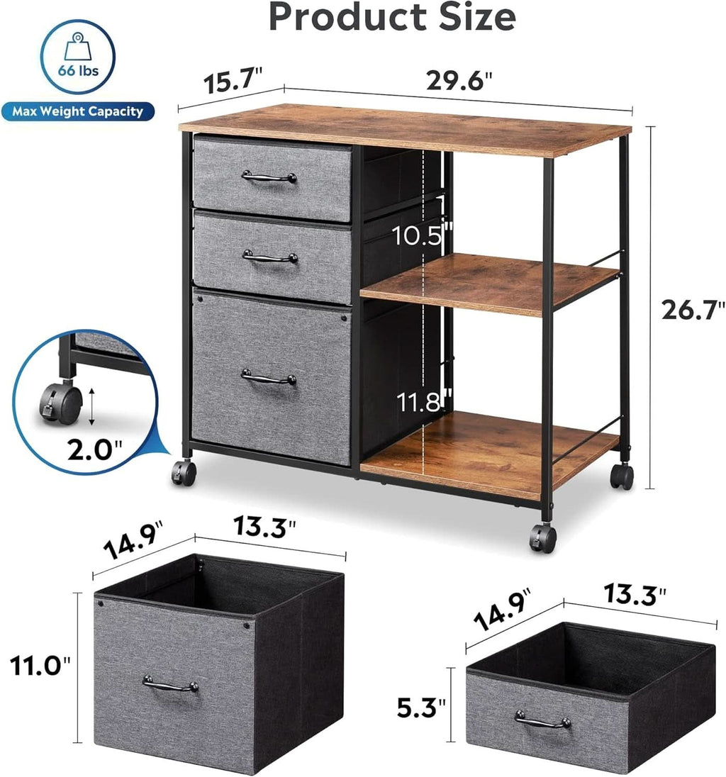 3 Drawer Mobile File Cabinet Rolling Printer Stand With Open Storage Shelf Rustic Brown Fits A4 Or Letter Size