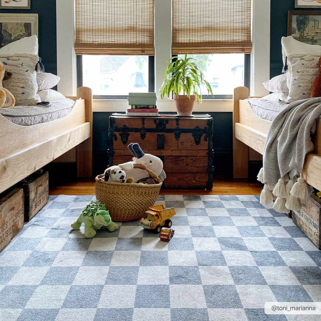 Alie Blue Gray Checkered Washable Rug