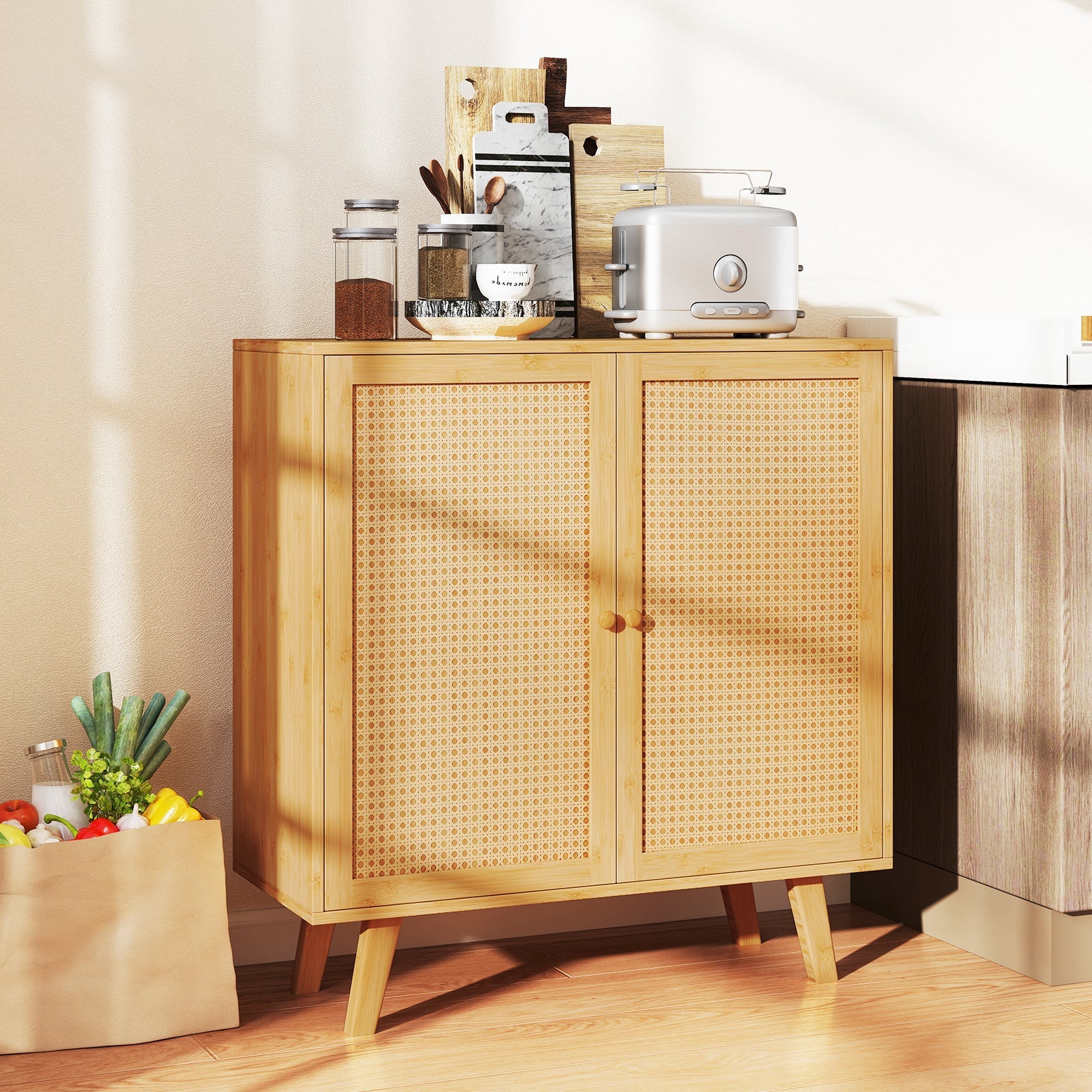 Bamboo Buffet Storage Cabinet with PE Rattan Doors and Freestanding Kitchen Cupboard-Natural