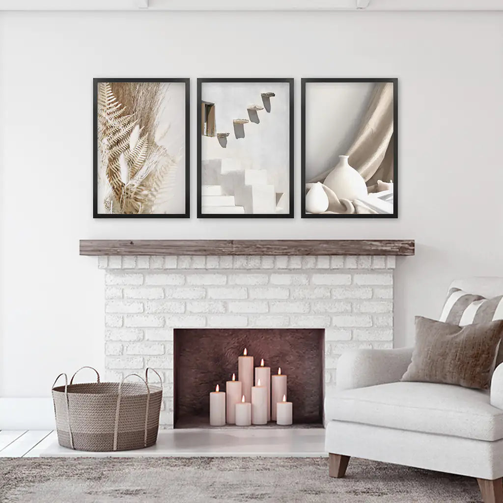 3 Pieces Neutral Boho Wall Art. Terracotta Vase and Stairs