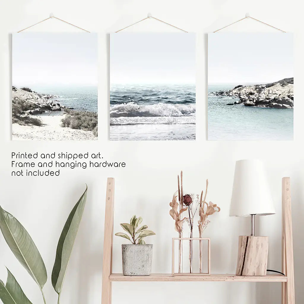 3 Piece Coastal Seascape Set. Blue Waves, Rocky Beach