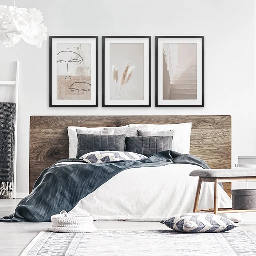 Boho Minimalist Wall Art Set. Abstract Faces, Grass, Stairs