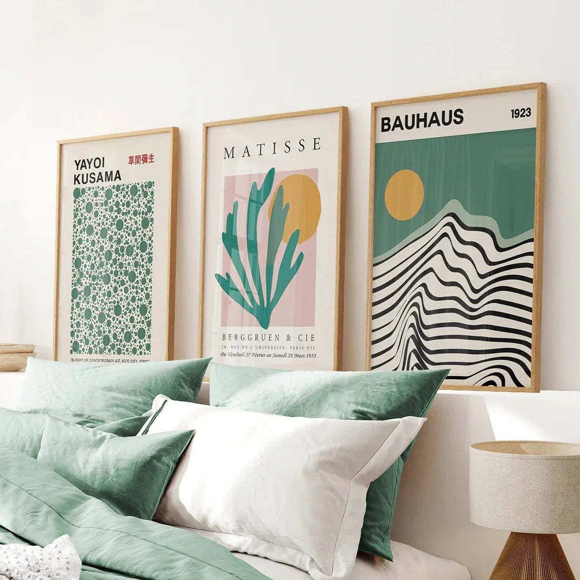 Sage Green Set of 3 Prints. Bauhaus, Kusama, Matisse Style