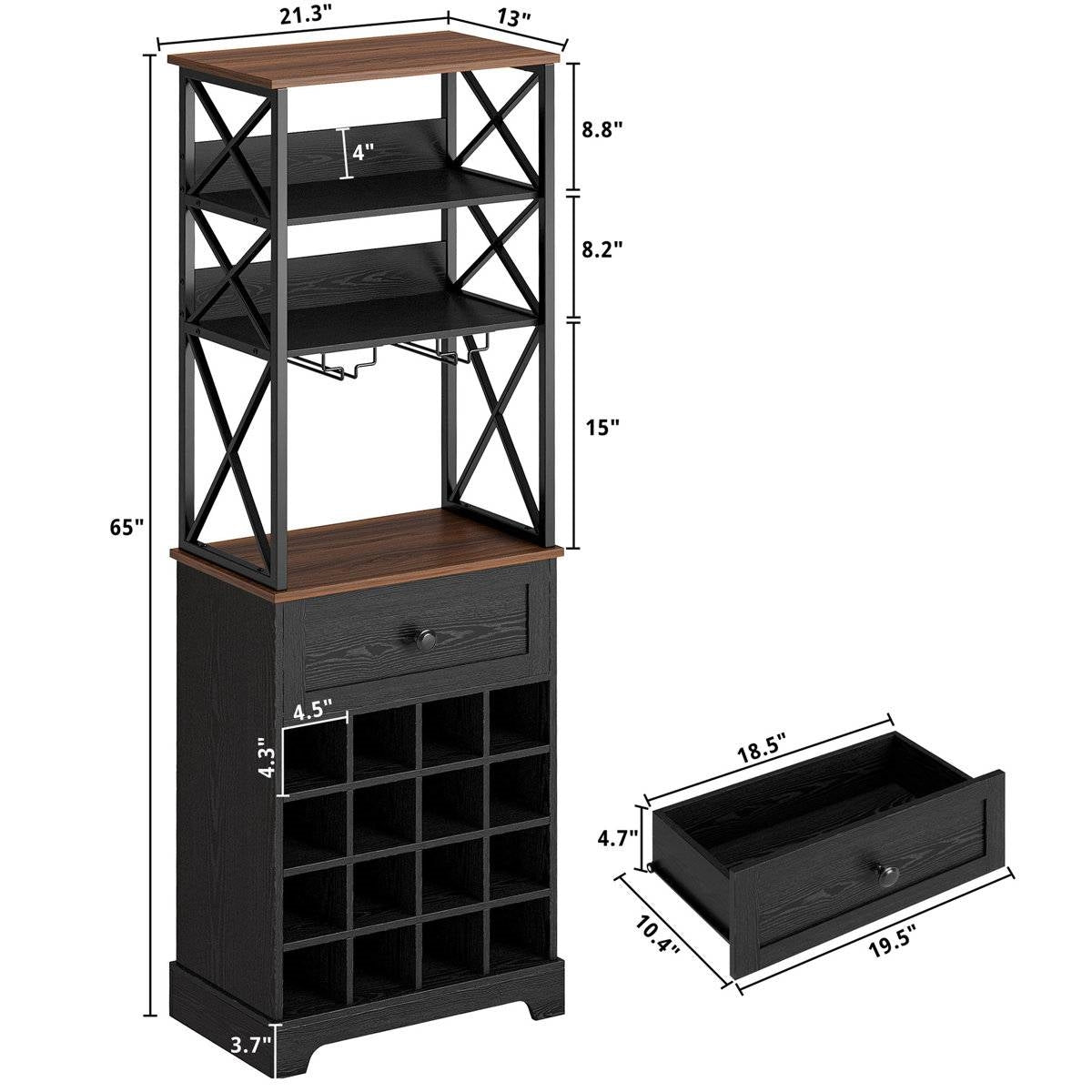 Black/Brown Wine Rack Kitchen Bar Storage Cabinet Shelf with Glass Holders