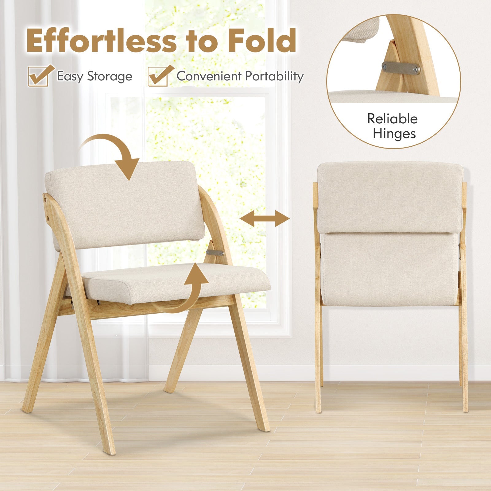 Set of 2 Folding Kitchen Dining Chairs with Rubber Wood Legs