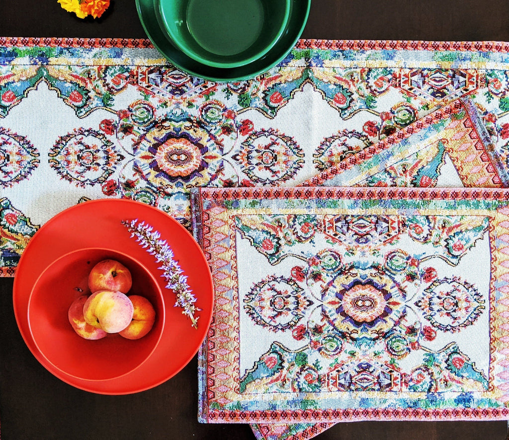 Tache Elegant Ivory Colorful Ornate Paisley Woven Tapestry Table Runner (18193)