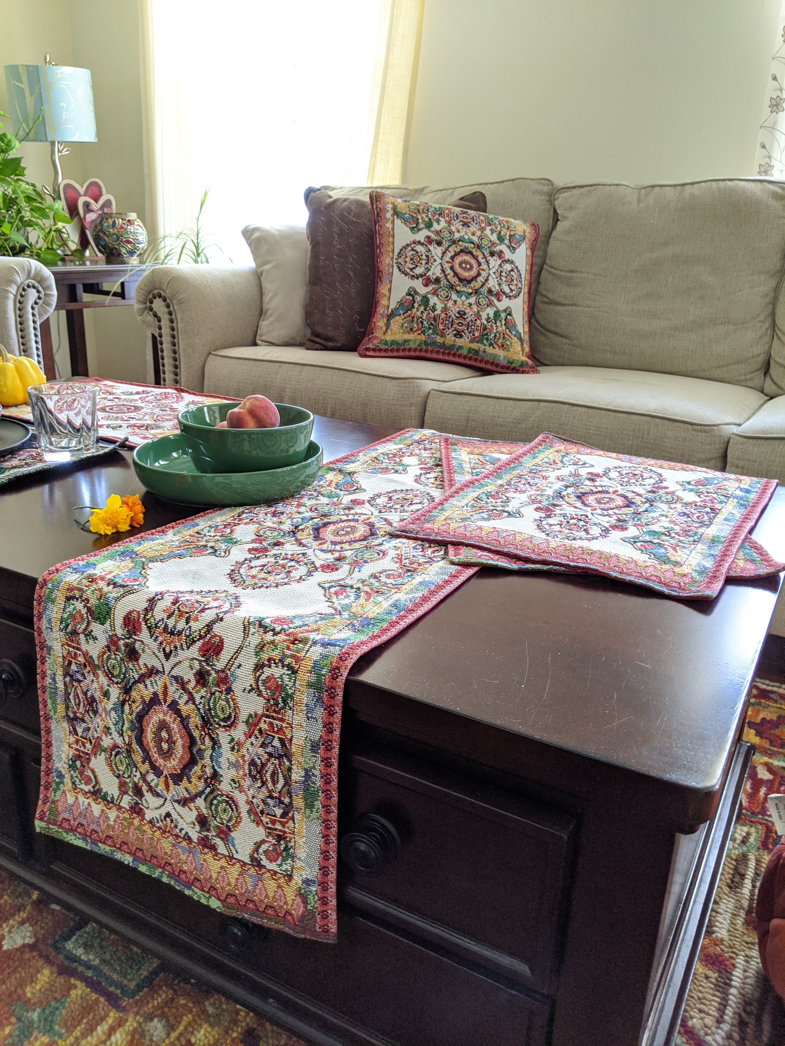 Tache Elegant Ivory Colorful Ornate Paisley Woven Tapestry Table Runner (18193)