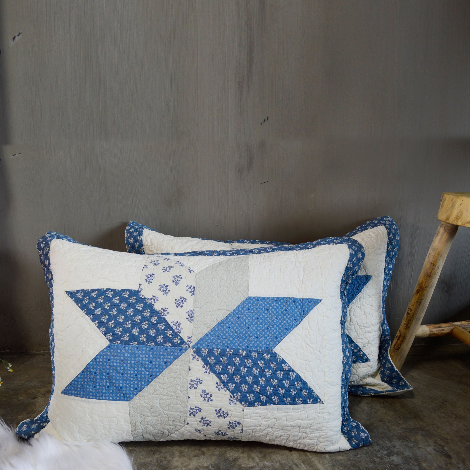 Kasentex 100% Cotton Summer Diamond Blue Patchwork Quilt King Size Pillow Sham, Boho Style, Motif Blue and Ivory, Room Decor, Graduation Gifts