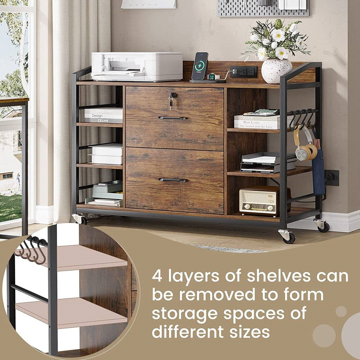 Brown Printer Stand Bookcase Power Station Mobile Office File Cabinet