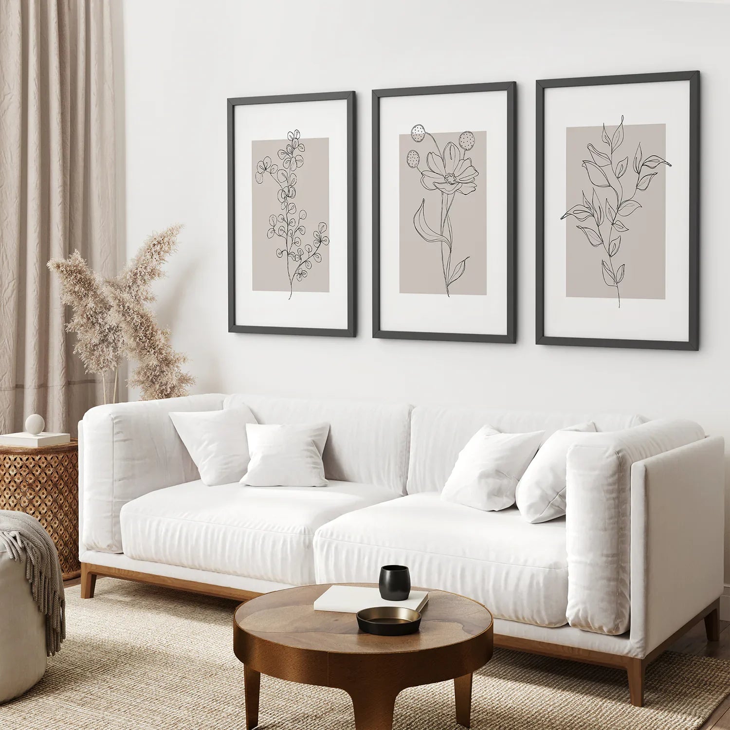 Pastel Botanical Wall Art Set of 3 Pieces. Gray and Beige