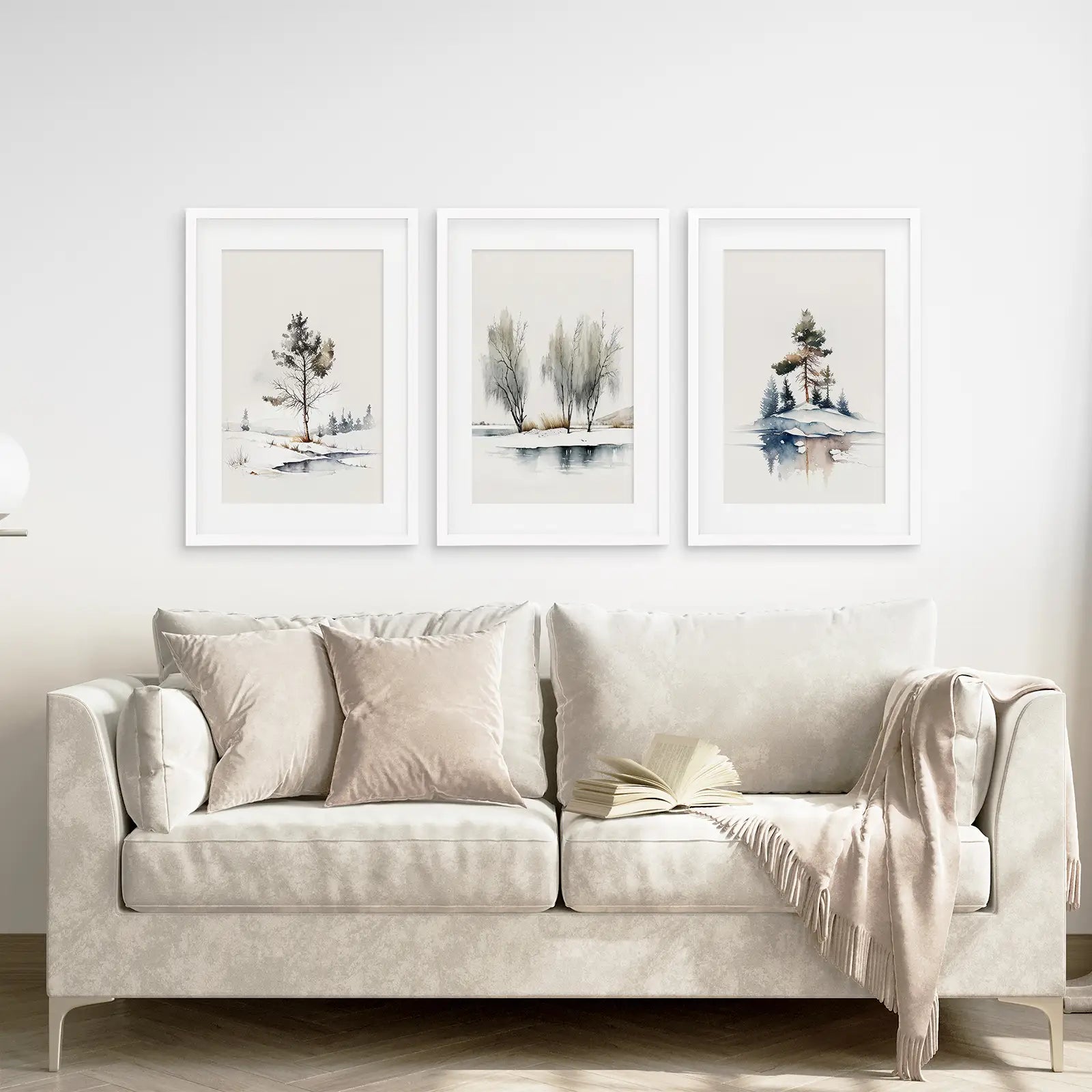 Vintage Watercolor Forest Print Set. Blue, Green, Gray