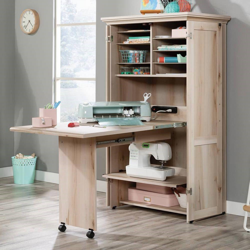 Drop Leaf Computer Desk Craft Table Armoire in Maple Wood Finish - Made in USA