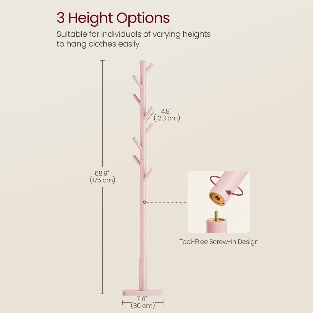 Modern Solid Wood Coat Rack Entryway Hall Tree Hat Stand in Pink