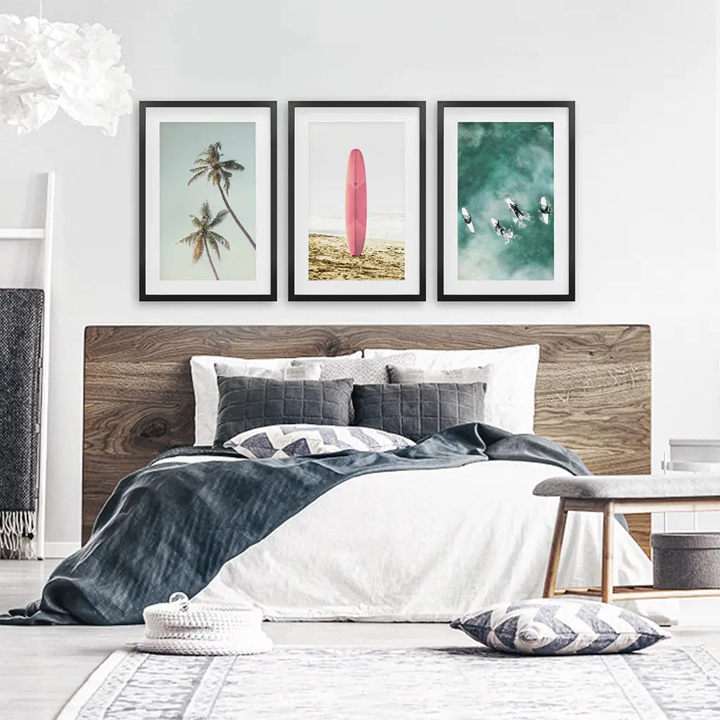 Pink Surfboard Wall Art. Pastel Beach, Waves, Tropical Palms