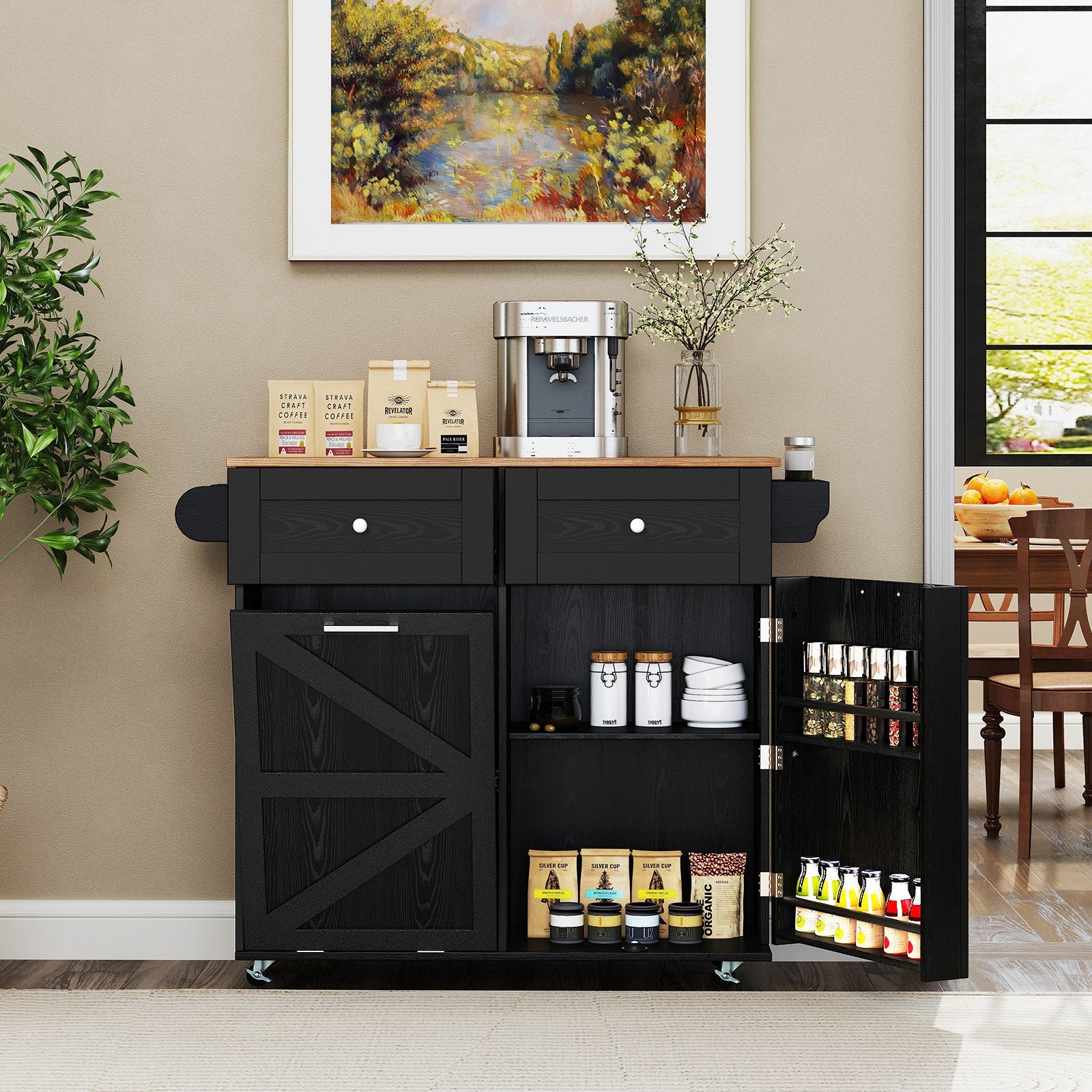Rolling Kitchen Island with Trash Can Cabinet and Rubber Universal Wheels