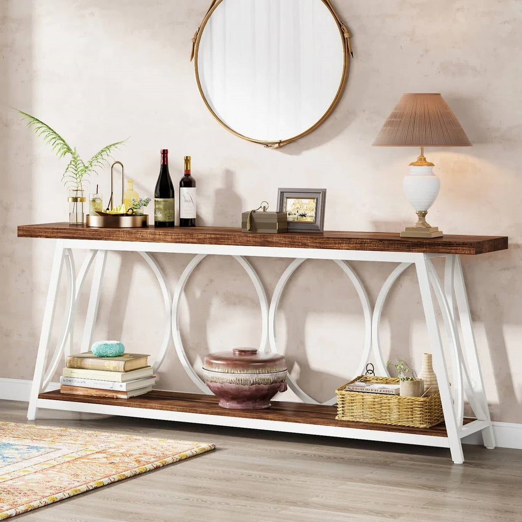 Industrial 70-inch Brown Wood Top Sofa Table with Heavy Duty White Metal Frame