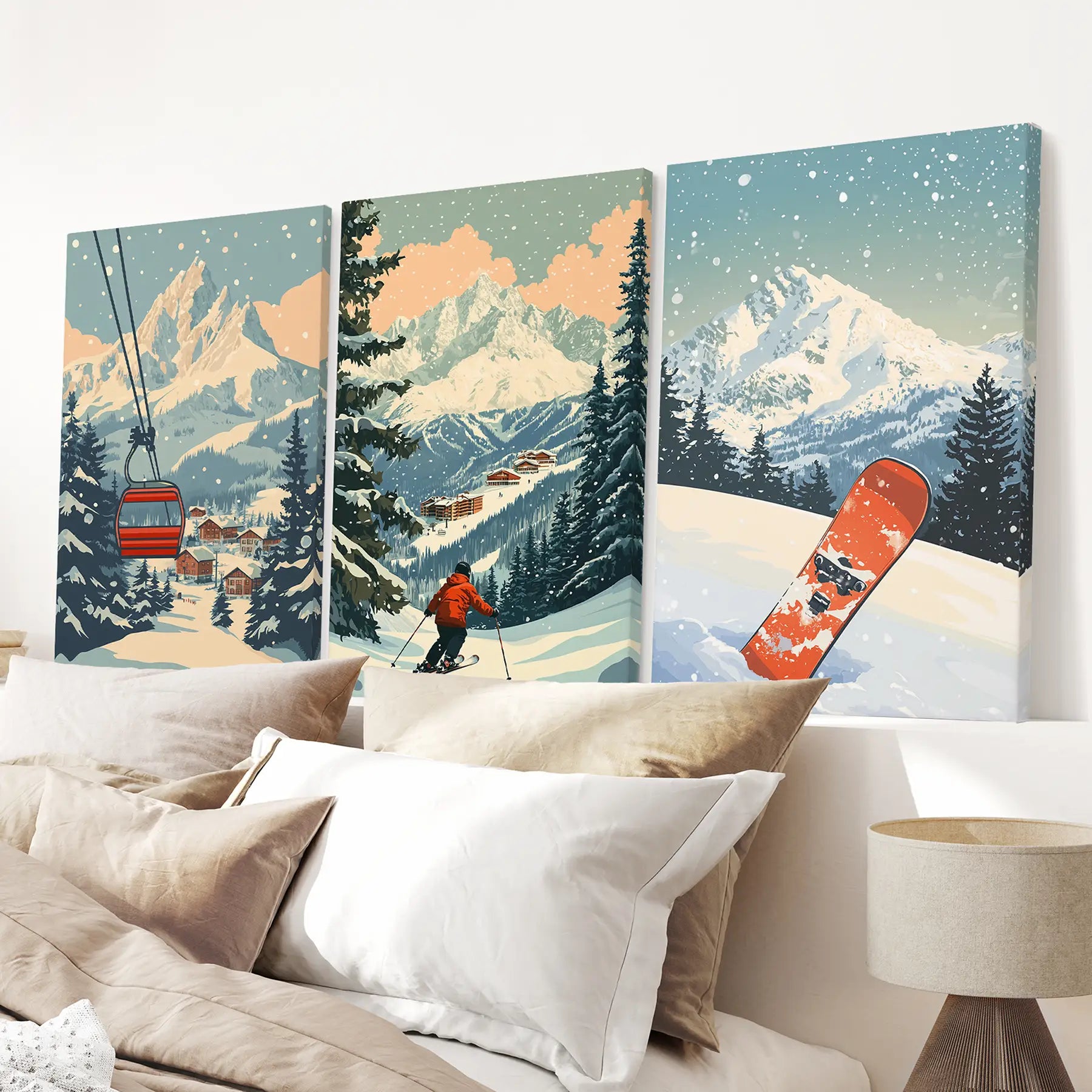 Vintage Ski Poster Set of 3. Snowboard, Skier & Ski Lift Wall Art