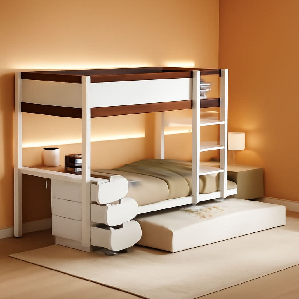 Twin Over Twin Bunk Bed With Desk USB Ports White Walnut
