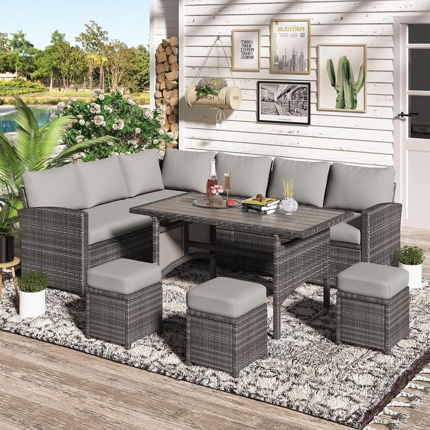 7 Piece Outdoor Patio Sectional Set All Weather Wicker Grey Cushions