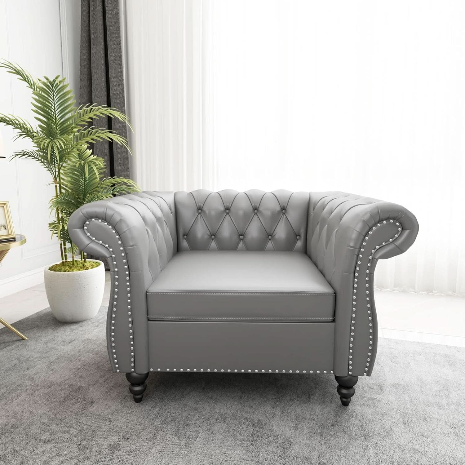 Grey Chesterfield Leather Living Room Set With Scroll Arms