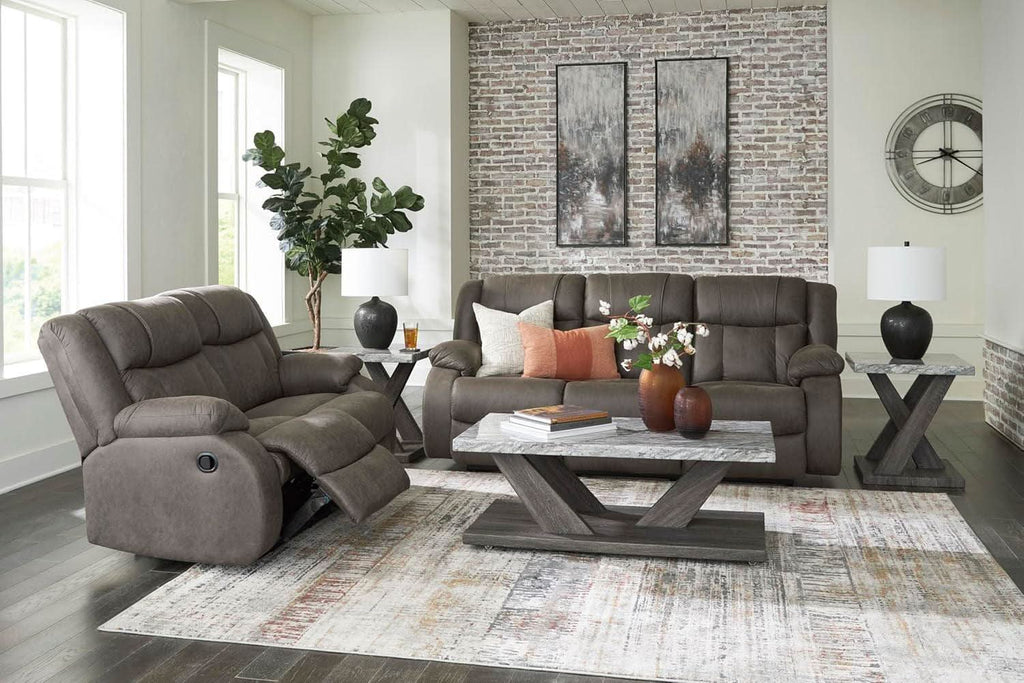 Contemporary Gray Faux Leather Manual Reclining Sofa