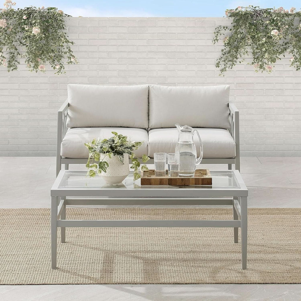 2 Piece Outdoor Coffee Table And Loveseat Set Gray Frame Creme Cushions