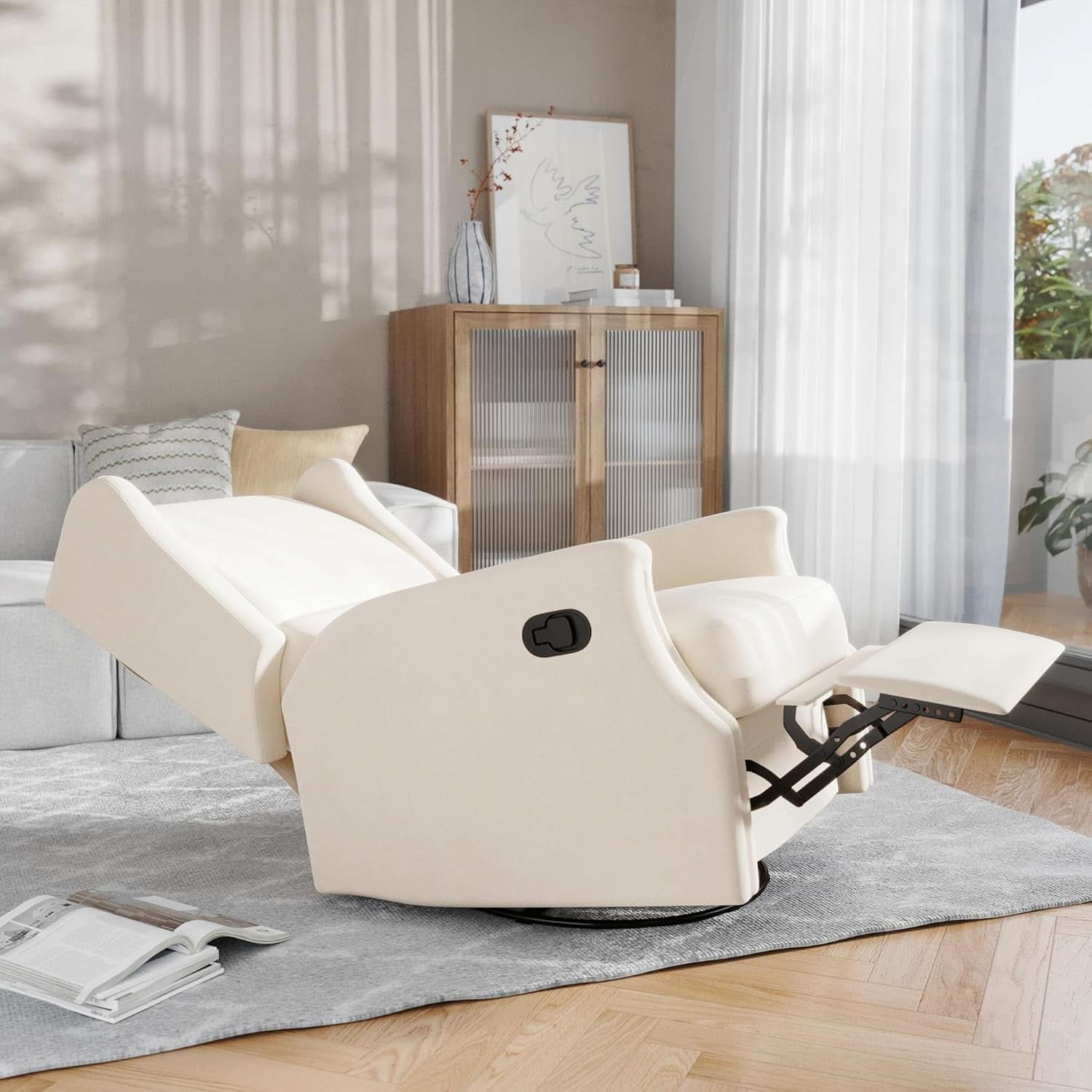 Omma Swivel Glider Rocking Recliner Cream Upholstered 3In1