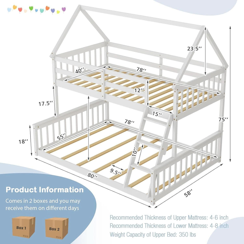 Solid Wood Twin Over Full Bunk Bed White With Guardrails