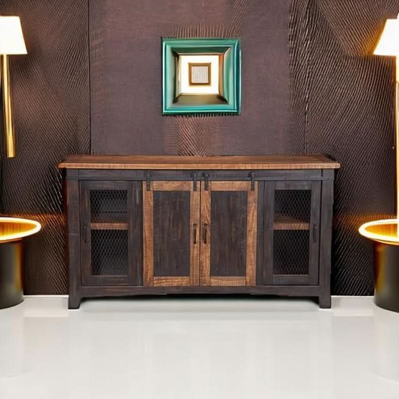 65 Inch Solid Wood TV Stand Antique Black Distressed Pine