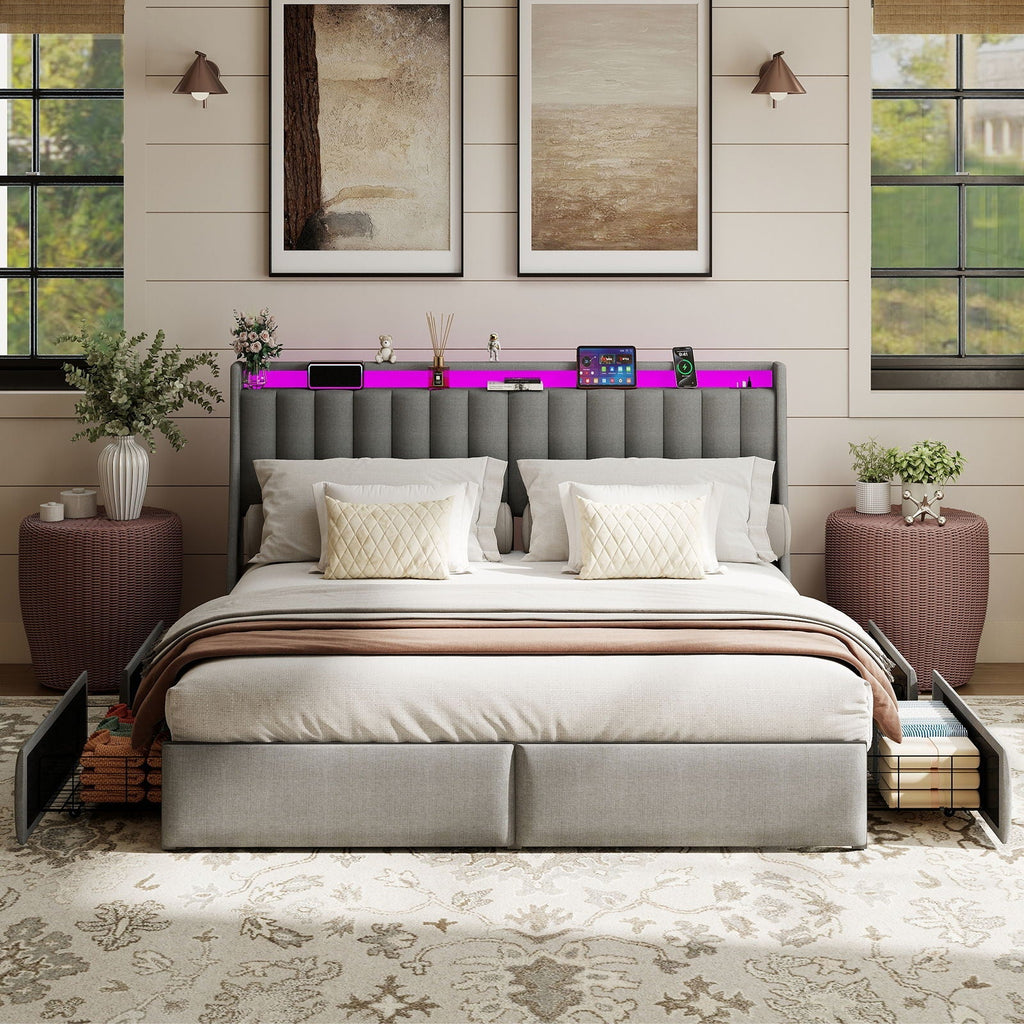 King Upholstered Bed Frame With 4 Storage Drawers, RGB LED Lights & USB / Type-C Charging Station