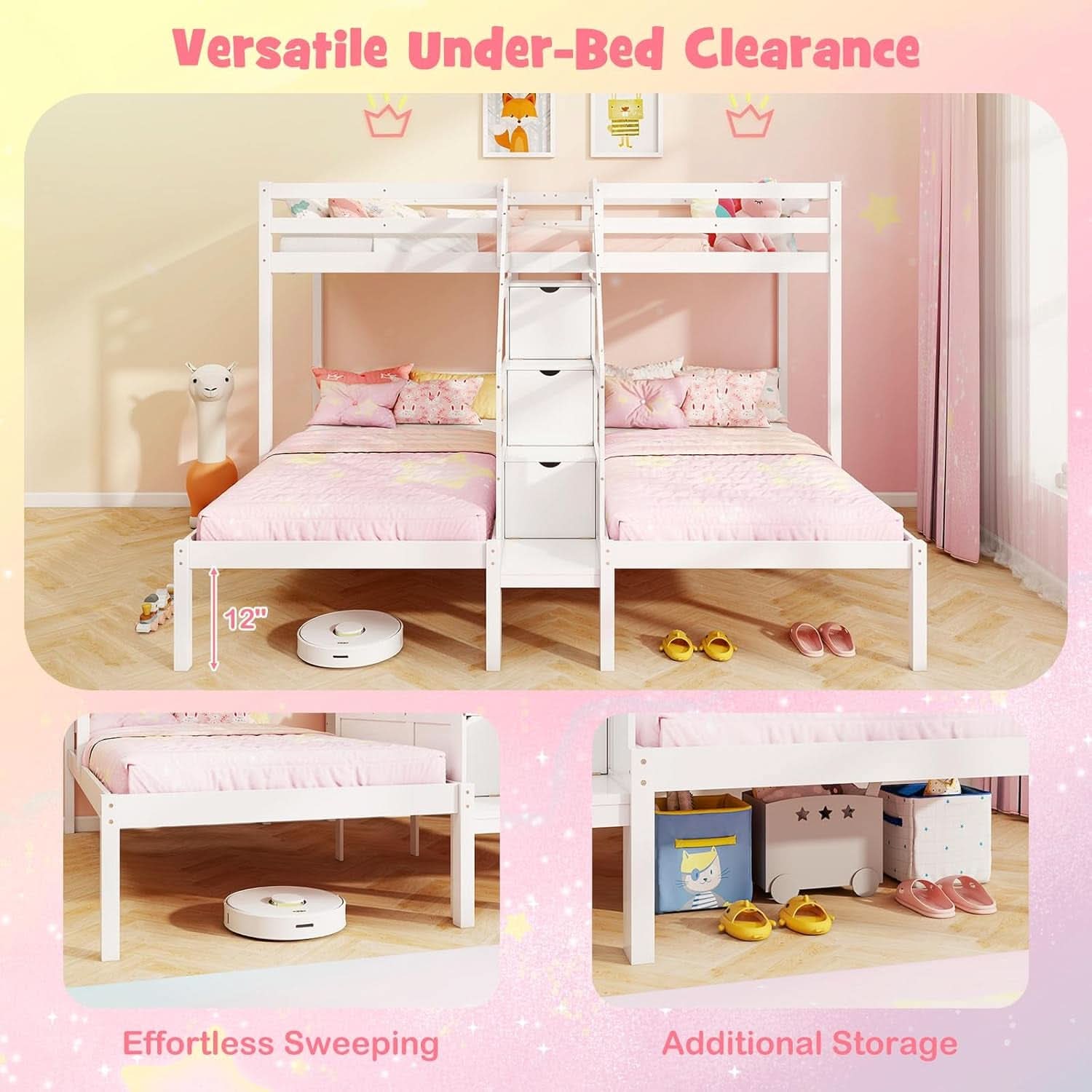 White Solid Wood Triple Bunk Bed With Storage Stair