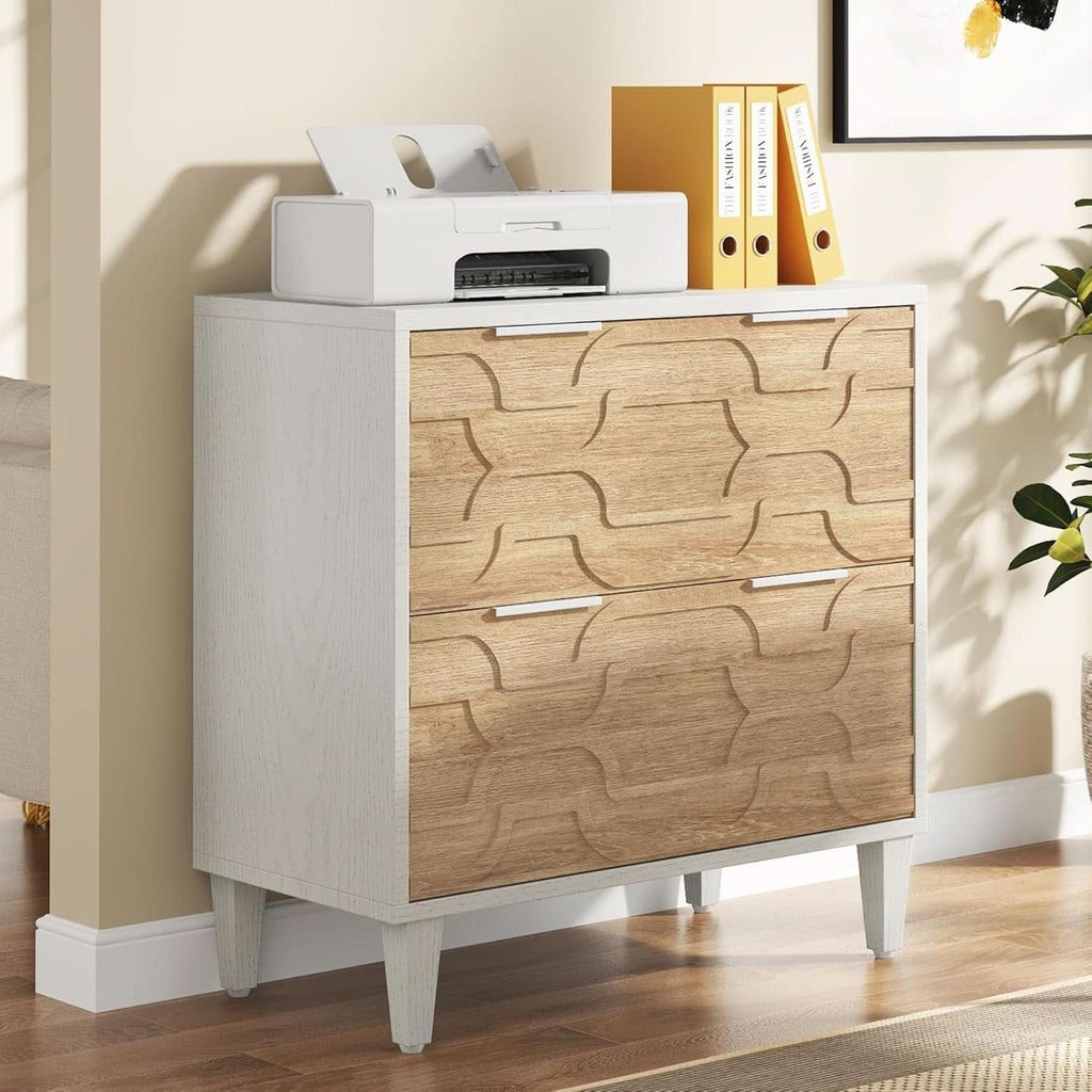 Two Drawer Lateral File Cabinet For A4 Letter And Legal Size Documents White And Walnut Printer Stand