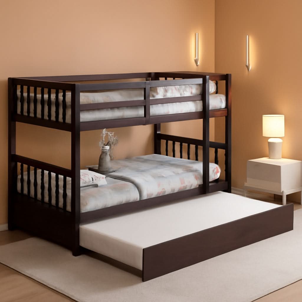 Twin Over Twin Bunk Bed With Trundle In Espresso Solid Wood