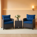 Three Piece Patio Furniture Set With Washable Cushions And Tempered Glass Tabletop Navy Blue