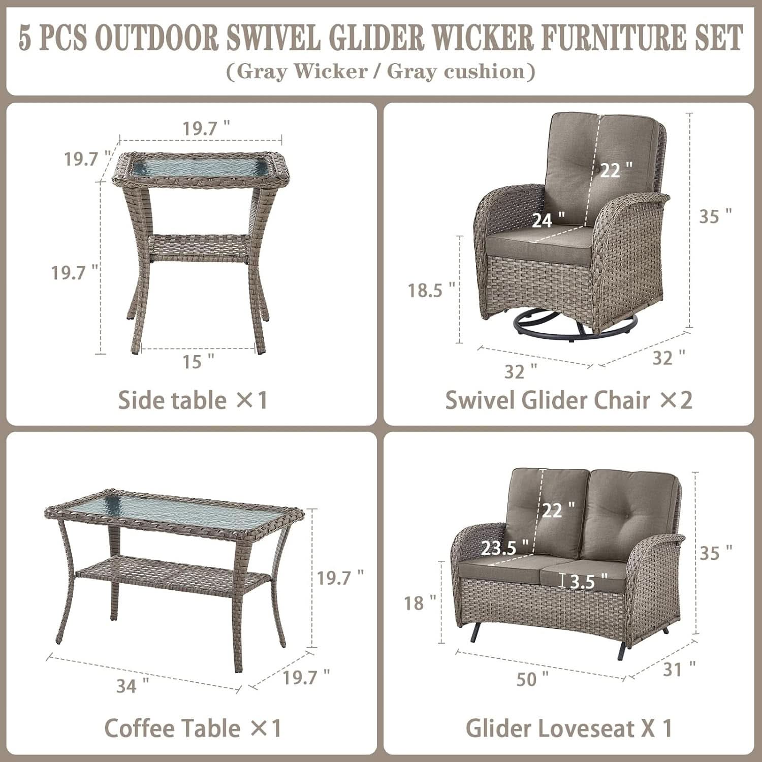 5 Piece Outdoor Patio Set Gray Wicker Swivel Rockers